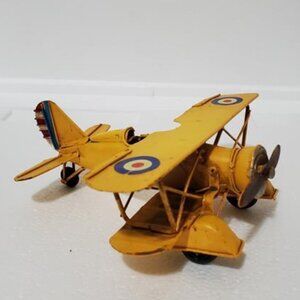 Vintage Yellow Metal Bi-Plane 3” High Red White Blue Target Die Cast Model